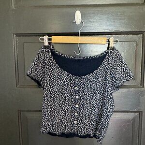 Brandy Melville Navy Blue Floral Button Up T-Shirt